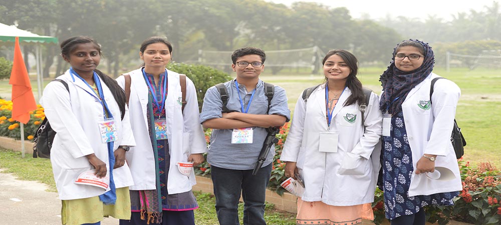 Popular Medical College students in white coats on campus